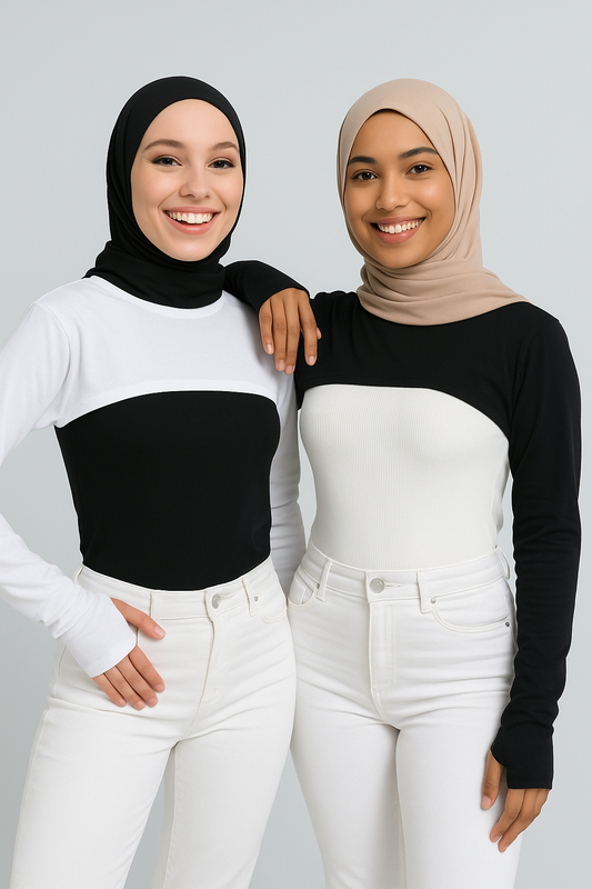 2'li Paket Sıfır Yaka Parmaklı Boyunluklu Kolluk Seti - Beyaz ve Siyah