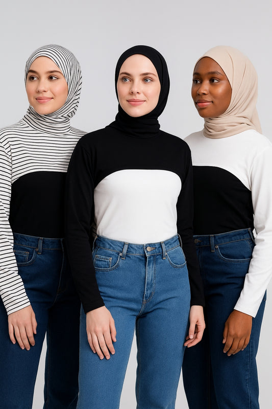 3'lü Set Dik Yaka Boyunluklu Kolluk - Beyaz, Siyah ve Beyaz Çizgili