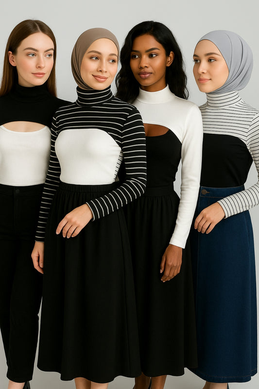 4'lü Set Dik Yaka Boyunluklu Kolluk - Siyah Beyaz Çizgili