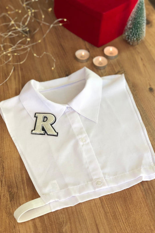 Bej R Harf Detaylı Gömlek Yakası - Beyaz