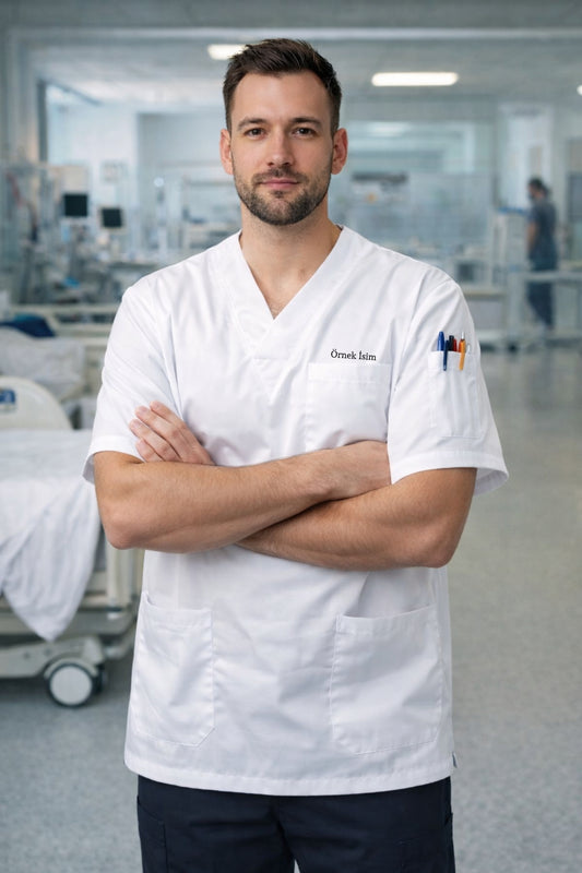 Kişiye Özel İsimli Erkek Tek Üst 4 Cepli Scrubs Forma - Beyaz