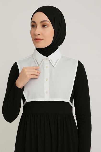 Çift Sıra Taşlı Gömlek Yaka - Beyaz