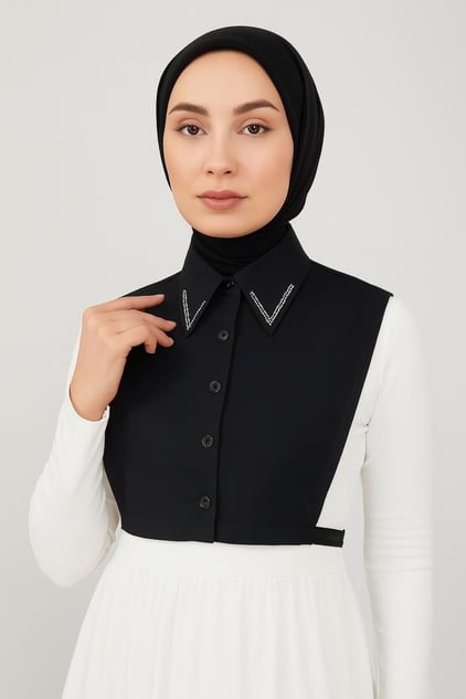 Çift Sıra Taşlı Gömlek Yaka - Siyah