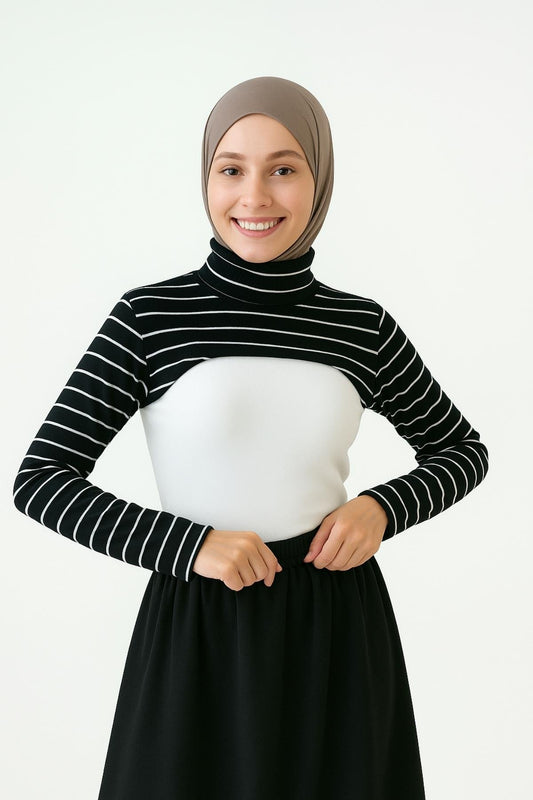 Çizgili Dik Yaka Boyunluklu Kolluk - Siyah