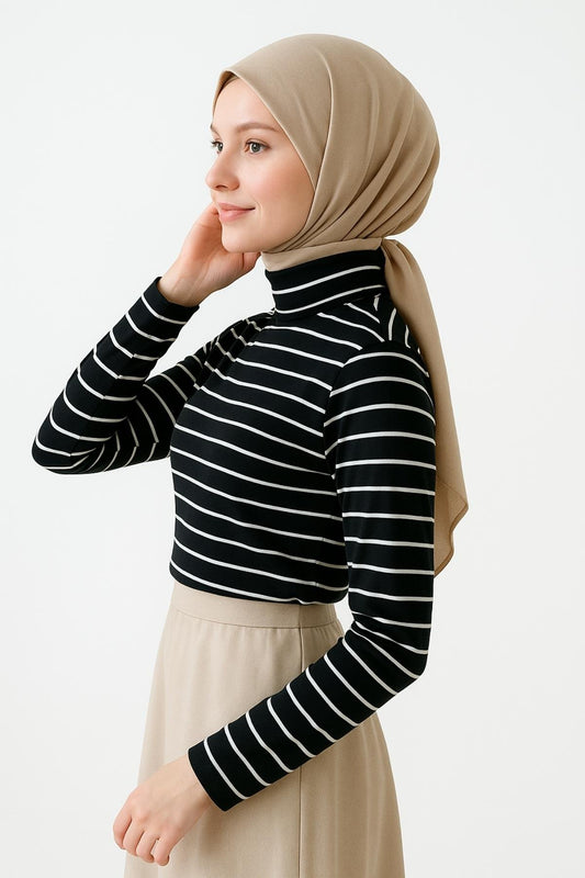Uzun Kollu Crop Boyunluk - Siyah Çizgili