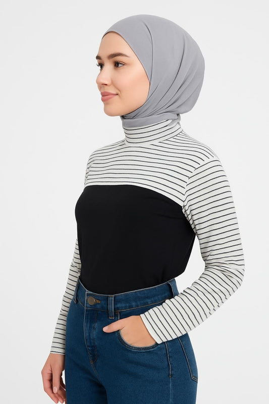 Dik Yaka Boyunluklu Kolluk - Çizgili (Beyaz)