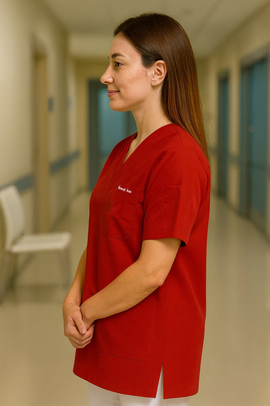 Kişiye Özel İsimli Tek Üst 4 Cepli Scrubs Forma - Kırmızı