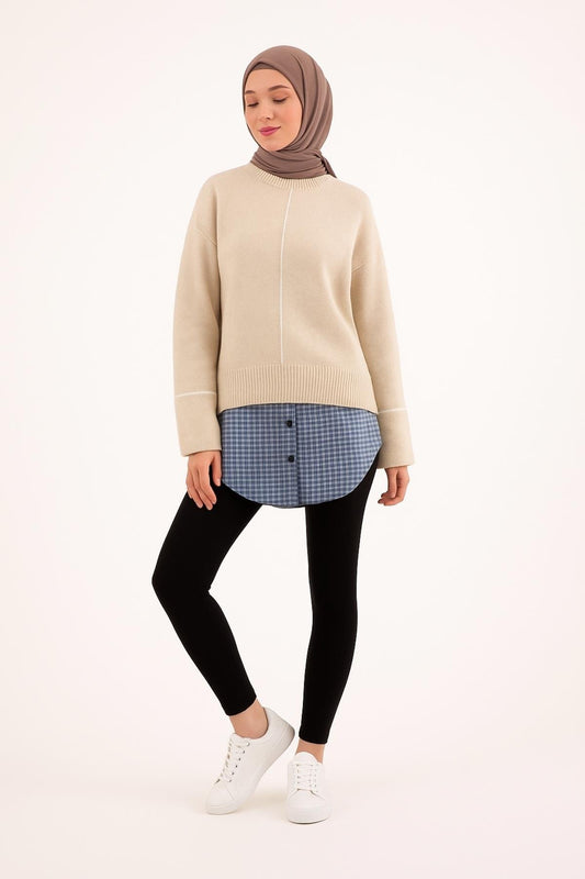 Kareli Gömlek Etek - Lacivert Beyaz