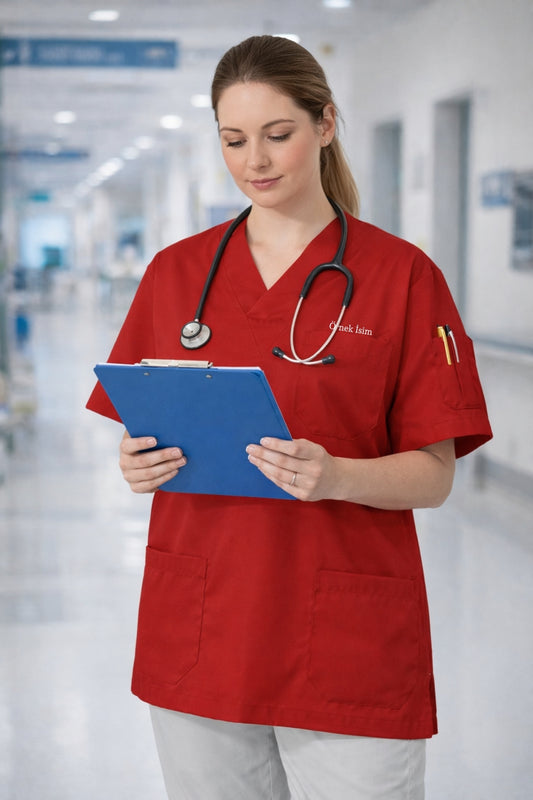 Kişiye Özel İsimli Tek Üst 4 Cepli Scrubs Forma - Kırmızı