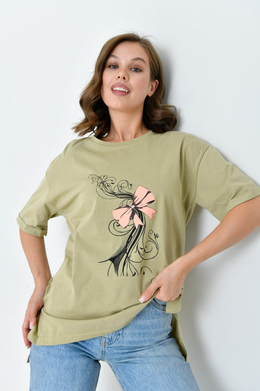 Kısa Kollu Pamuklu Tişört - Açık Yeşil