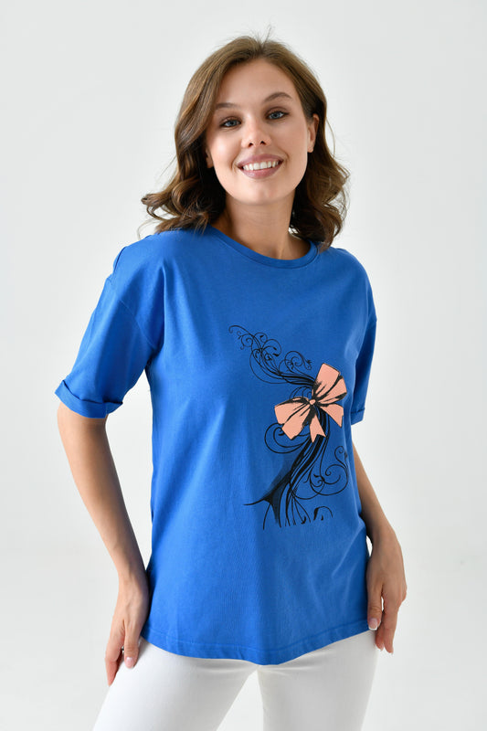 Kısa Kollu Pamuklu Tişört - Mavi