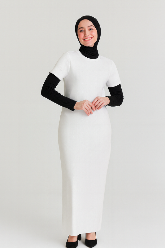 Kısa Kollu Fitilli Elbise - Beyaz