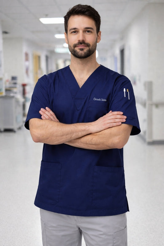 Kişiye Özel İsimli Erkek Tek Üst 4 Cepli Scrubs Forma - Lacivert