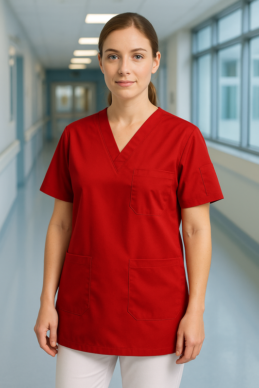Tek Üst 4 Cepli Scrubs Forma - Kırmızı