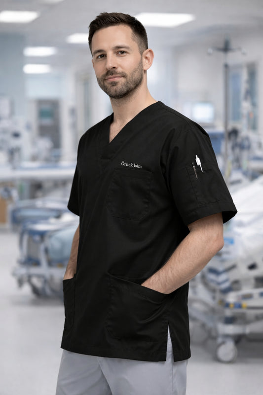 Kişiye Özel İsimli Erkek Tek Üst 4 Cepli Scrubs Forma - Siyah