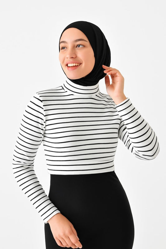 Uzun Kollu Crop Boyunluk - Beyaz Çizgili
