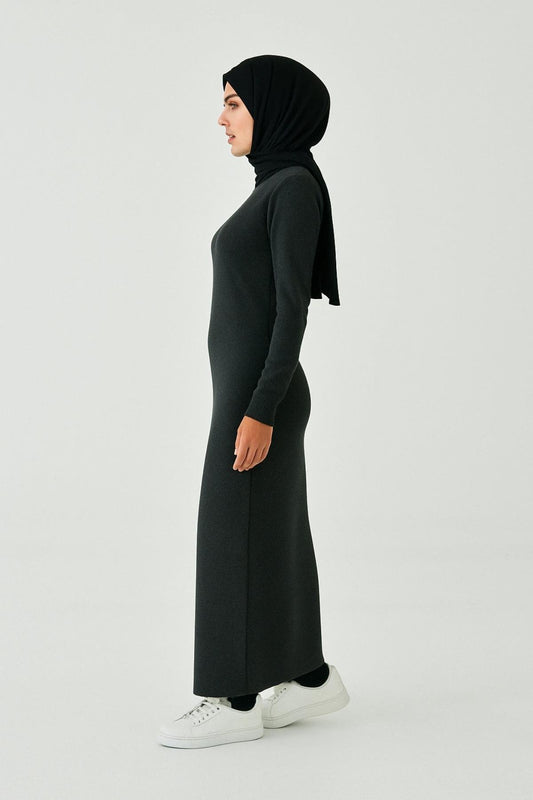 Uzun Kollu Fitilli Elbise - Antrasit