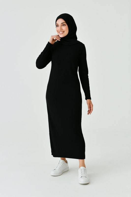 Uzun Kollu Fitilli Elbise - Siyah