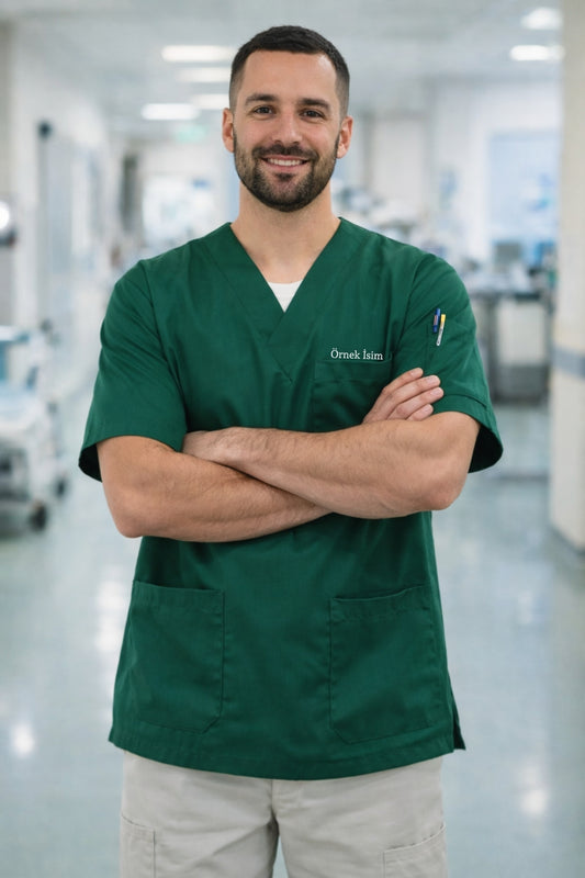 Kişiye Özel İsimli Erkek Tek Üst 4 Cepli Scrubs Forma - Yeşil