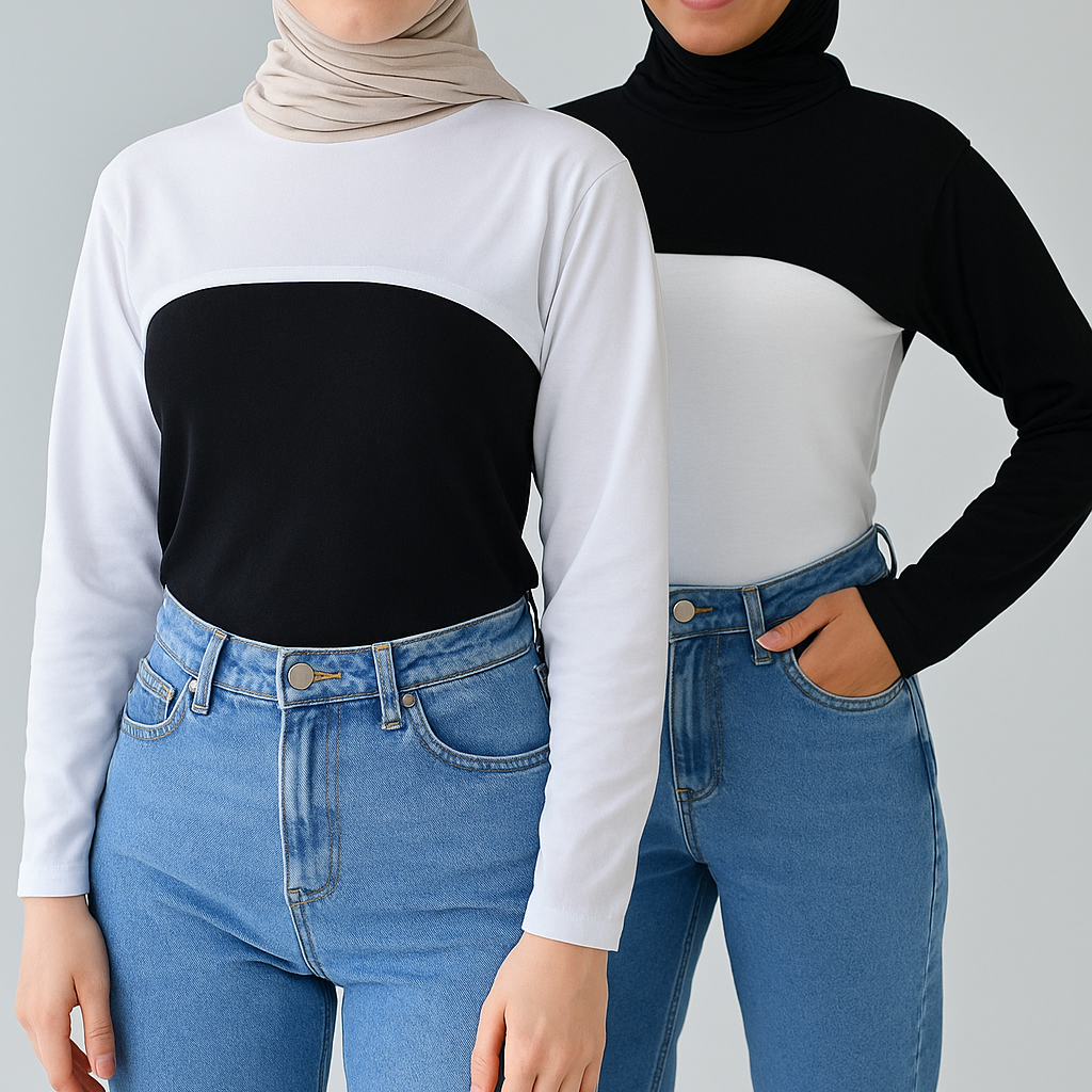 Siyah ve beyaz tesettür boyunluklu kolluk kadın kombin örneği