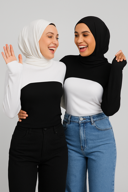 2'li Paket Sıfır Yaka Parmaklı Boyunluklu Kolluk Seti - Beyaz ve Siyah