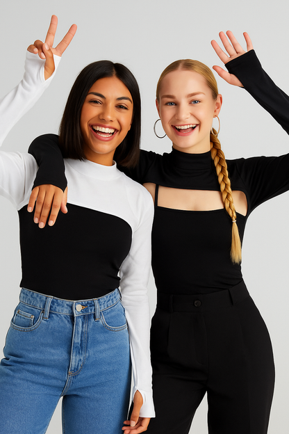 2'li Paket Dik Yaka Parmaklı Boyunluklu Kolluk - Beyaz ve Siyah