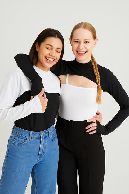 2'li Paket Dik Yaka Parmaklı Boyunluklu Kolluk - Beyaz ve Siyah