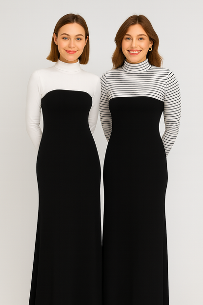 2'li Paket Dik Yaka Boyunluklu Kolluk Seti - Beyaz ve Çizgili