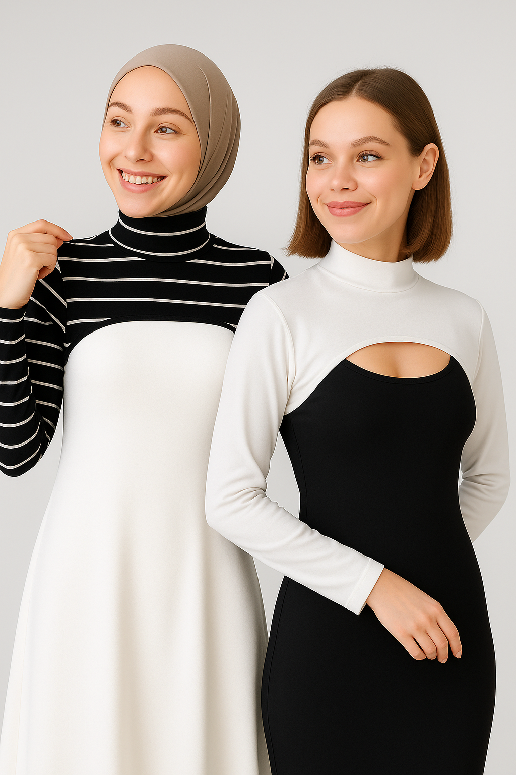 2'li Paket Dik Yaka Boyunluklu Kolluk Seti - Çizgili ve Beyaz