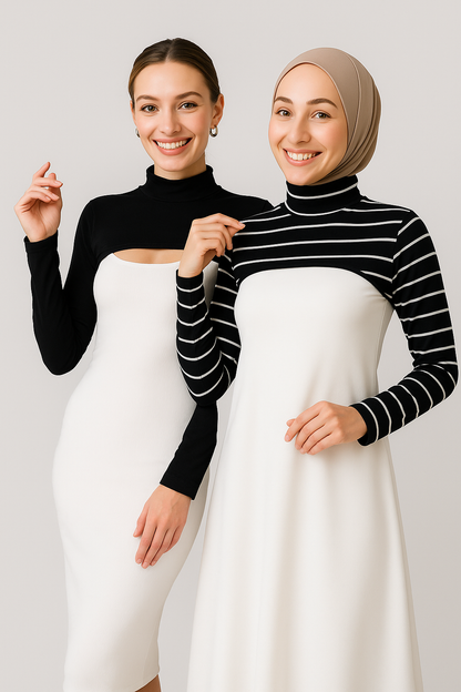 2'li Paket Dik Yaka Boyunluklu Kolluk Seti - Çizgili ve Siyah