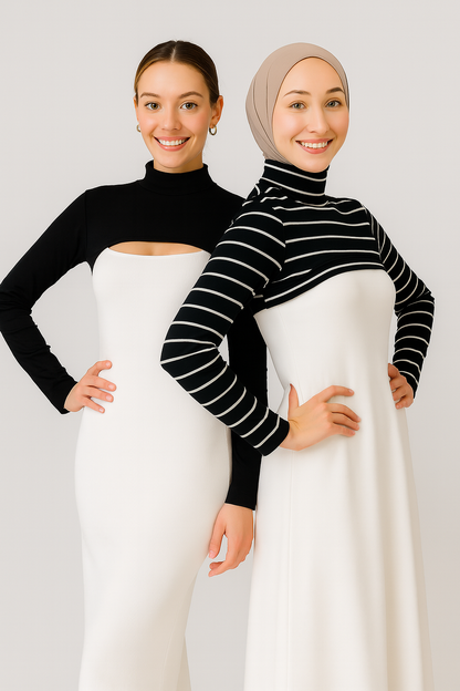 2'li Paket Dik Yaka Boyunluklu Kolluk Seti - Çizgili ve Siyah