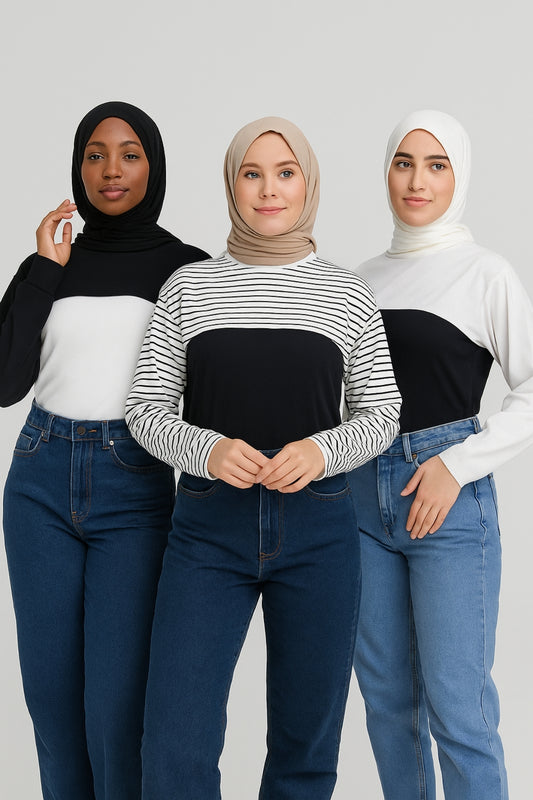 3'lü Set Dik Yaka Boyunluklu Kolluk - Beyaz, Siyah ve Beyaz Çizgili