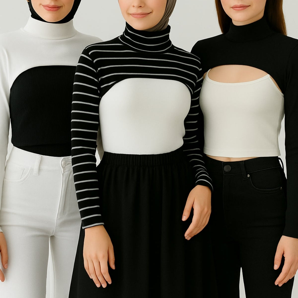 Tesettür boyunluk ve kolluk kombinli kadın modeller, siyah ve beyaz boyunluklu kolluk modelleri