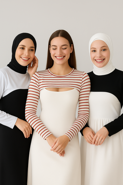 3'lü Set Bisiklet Yaka Boyunluklu Kolluk - Beyaz, Siyah ve Bordo Çizgili