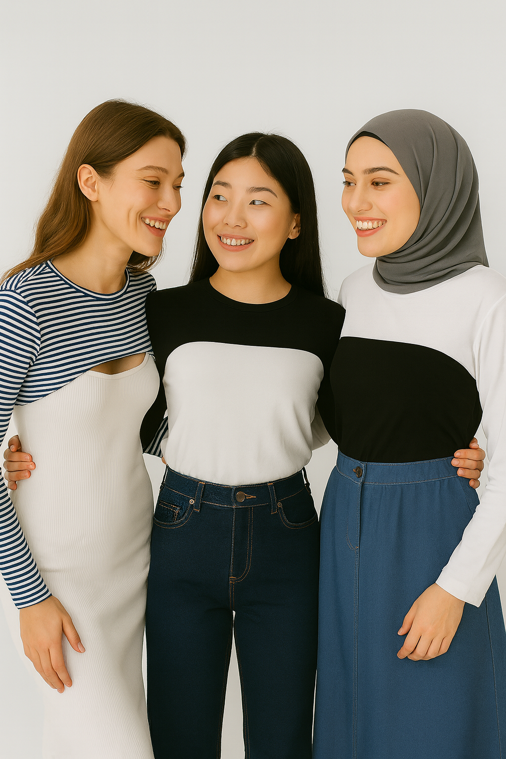 3'lü Set Bisiklet Yaka Boyunluklu Kolluk - Beyaz, Siyah ve Çizgili