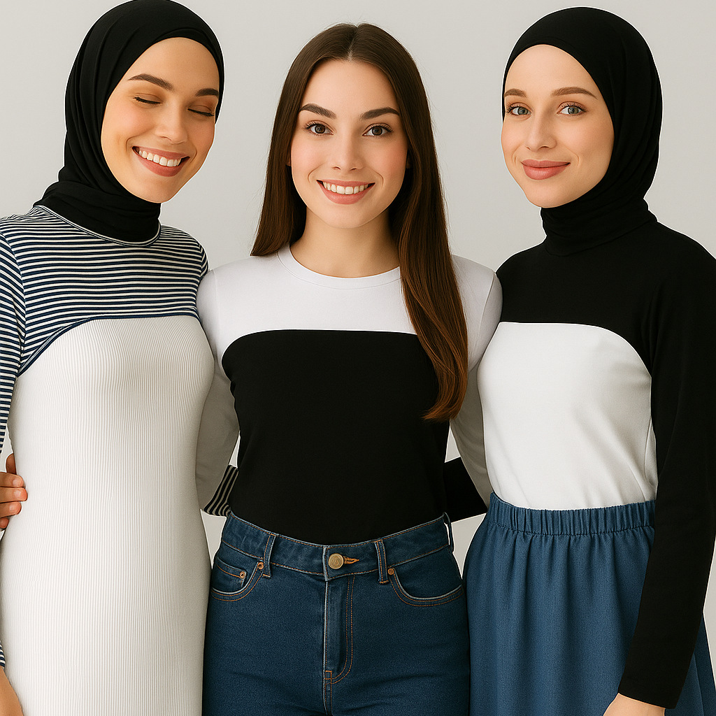 Tesettür boyunluk ve kolluk kombinasyonu ile modern kadın stili, siyah ve beyaz penye uzun kolluk modelleri