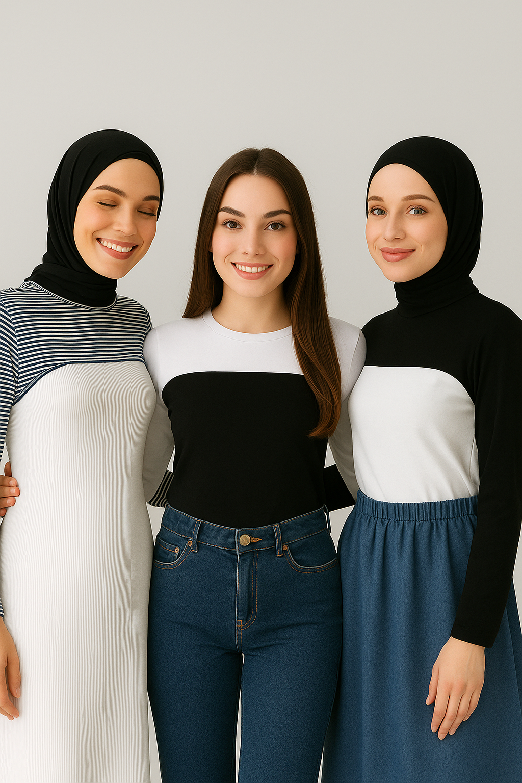 3'lü Set Bisiklet Yaka Boyunluklu Kolluk - Beyaz, Siyah ve Çizgili