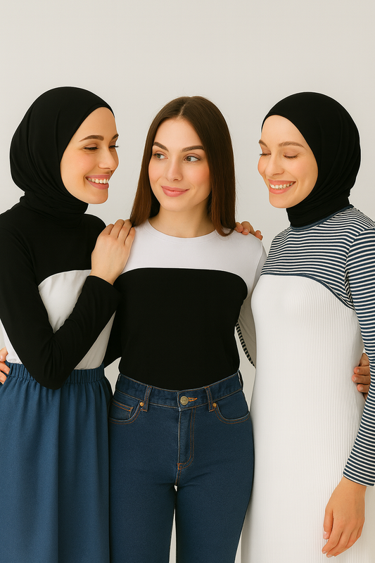 3'lü Set Bisiklet Yaka Boyunluklu Kolluk - Beyaz, Siyah ve Çizgili