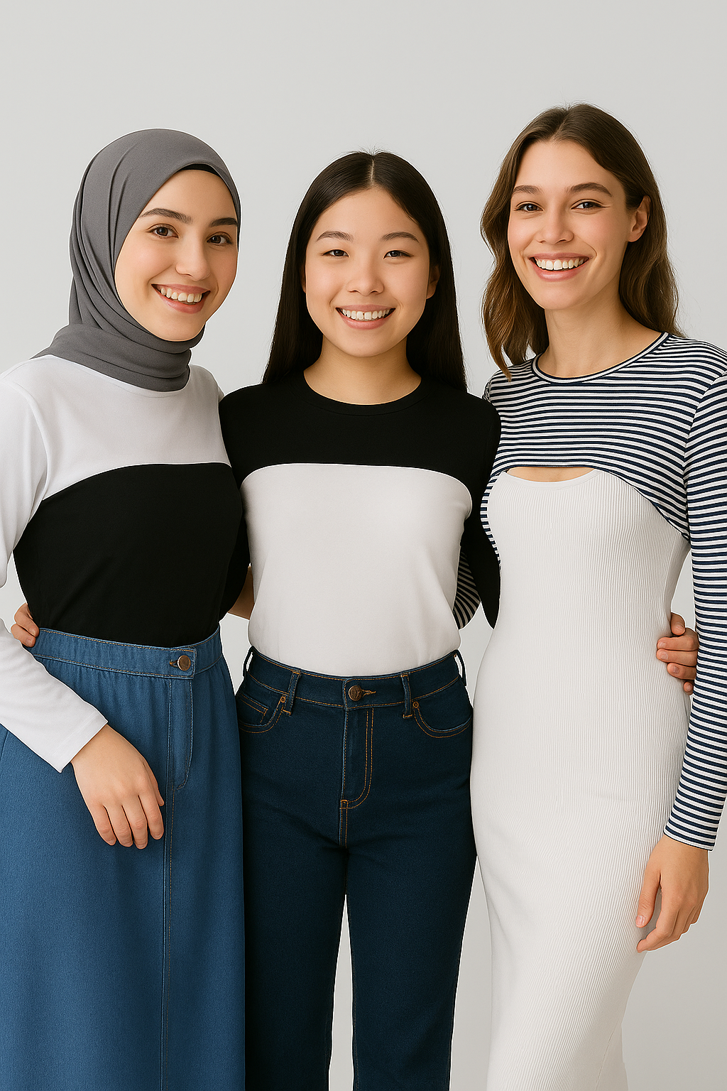 3'lü Set Bisiklet Yaka Boyunluklu Kolluk - Beyaz, Siyah ve Çizgili