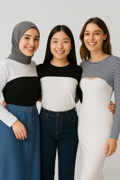 3'lü Set Bisiklet Yaka Boyunluklu Kolluk - Beyaz, Siyah ve Çizgili