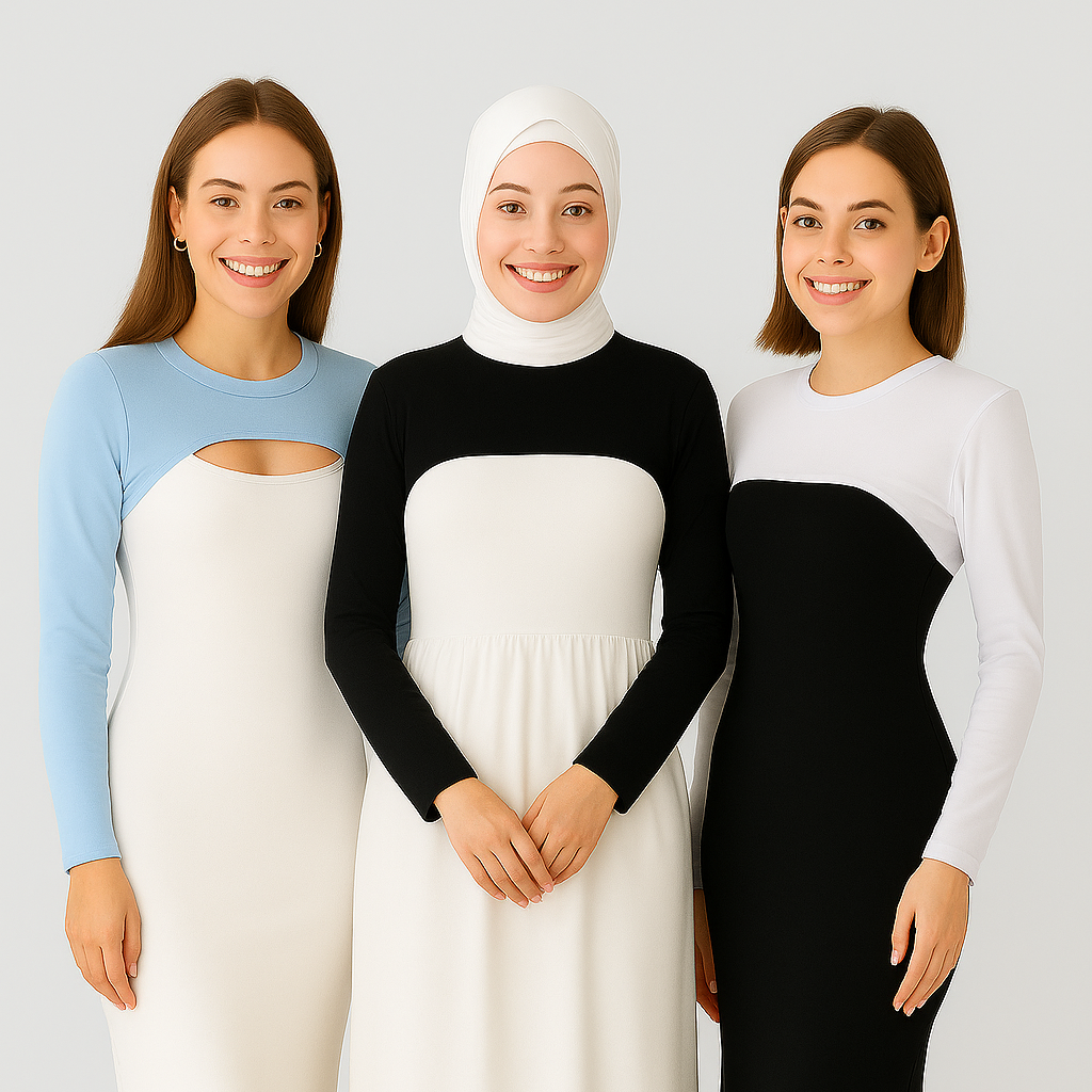 kadın kolluk ve tesettür boyunluk ile tamamlanan modern elbise tasarımı