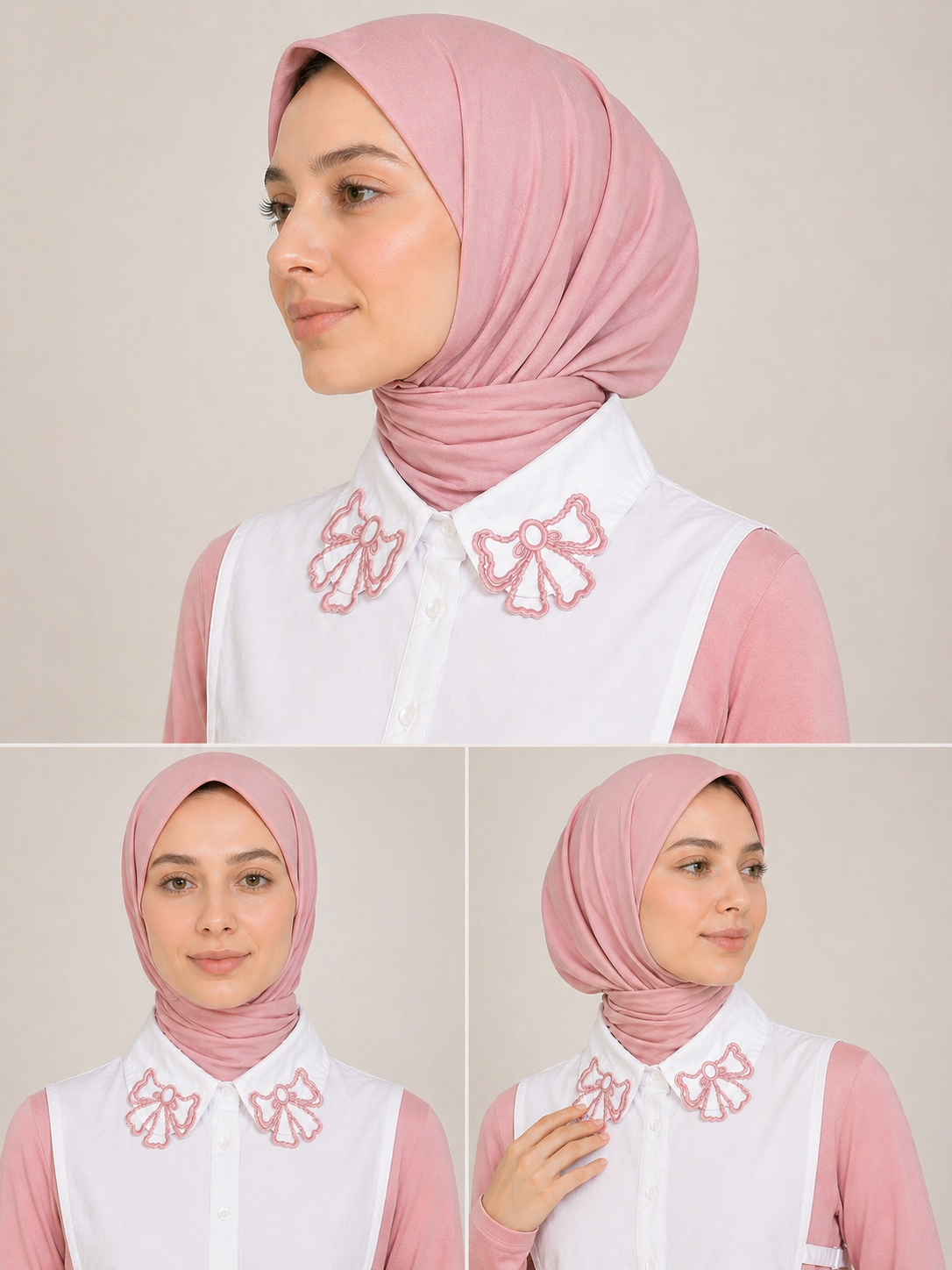 Pudra Fiyonk Nakışlı Sahte Yaka
