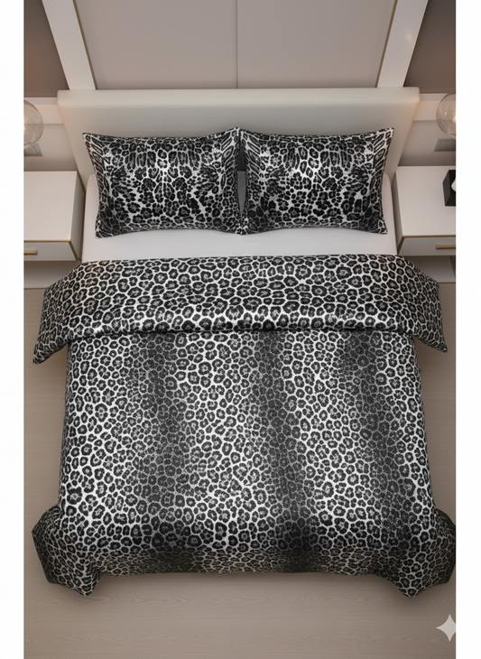 Leopar Desenli %100 Pamuk Saten Çift Kişilik Nevresim Takımı - Siyah Beyaz