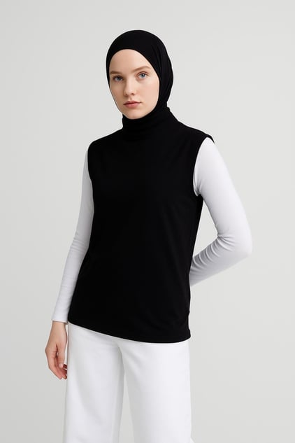 Siyah kolsuz içlik tesettür kombinler için uzun penye içlik modeli