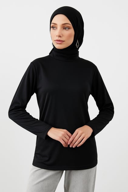 Uzun kollu siyah bluz tesettür kombinleri için modern ve rahat seçenek
