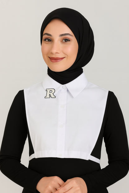 Bej R Harf Detaylı Gömlek Yakası - Beyaz