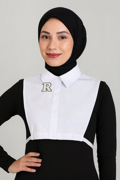 Bej R Harf Detaylı Gömlek Yakası - Beyaz