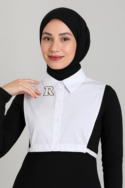 Bej R Harf Detaylı Gömlek Yakası - Beyaz
