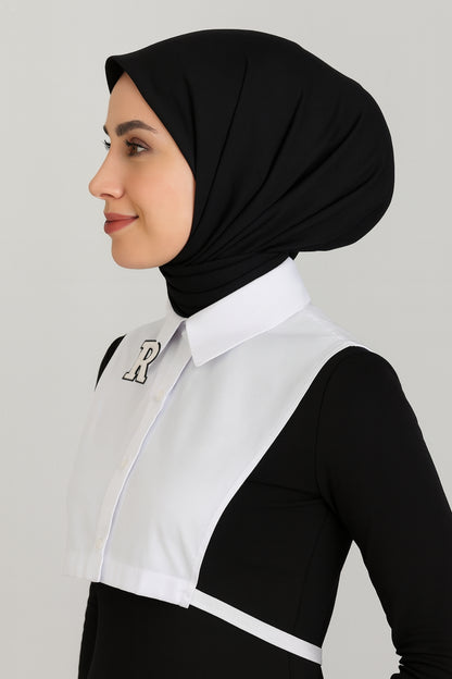 Bej R Harf Detaylı Gömlek Yakası - Beyaz