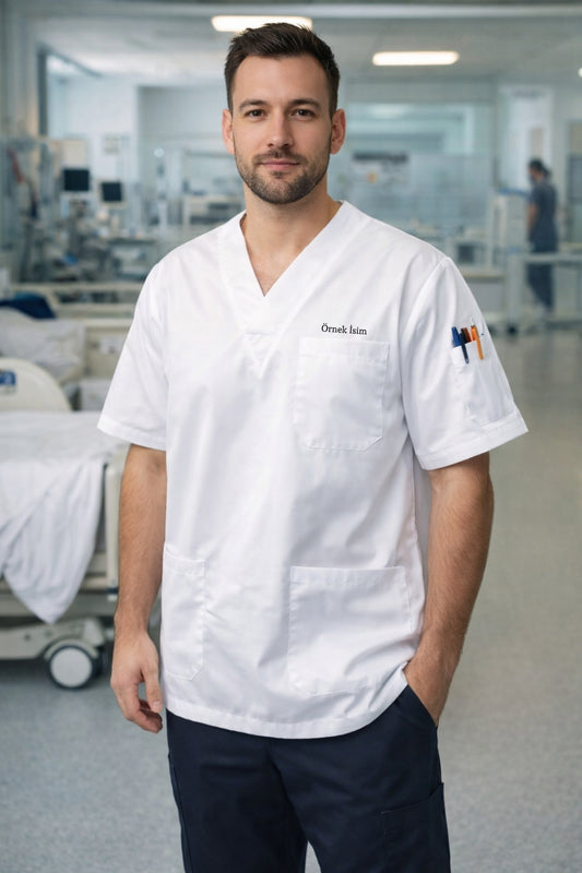 Kişiye Özel İsimli Erkek Tek Üst 4 Cepli Scrubs Forma - Beyaz